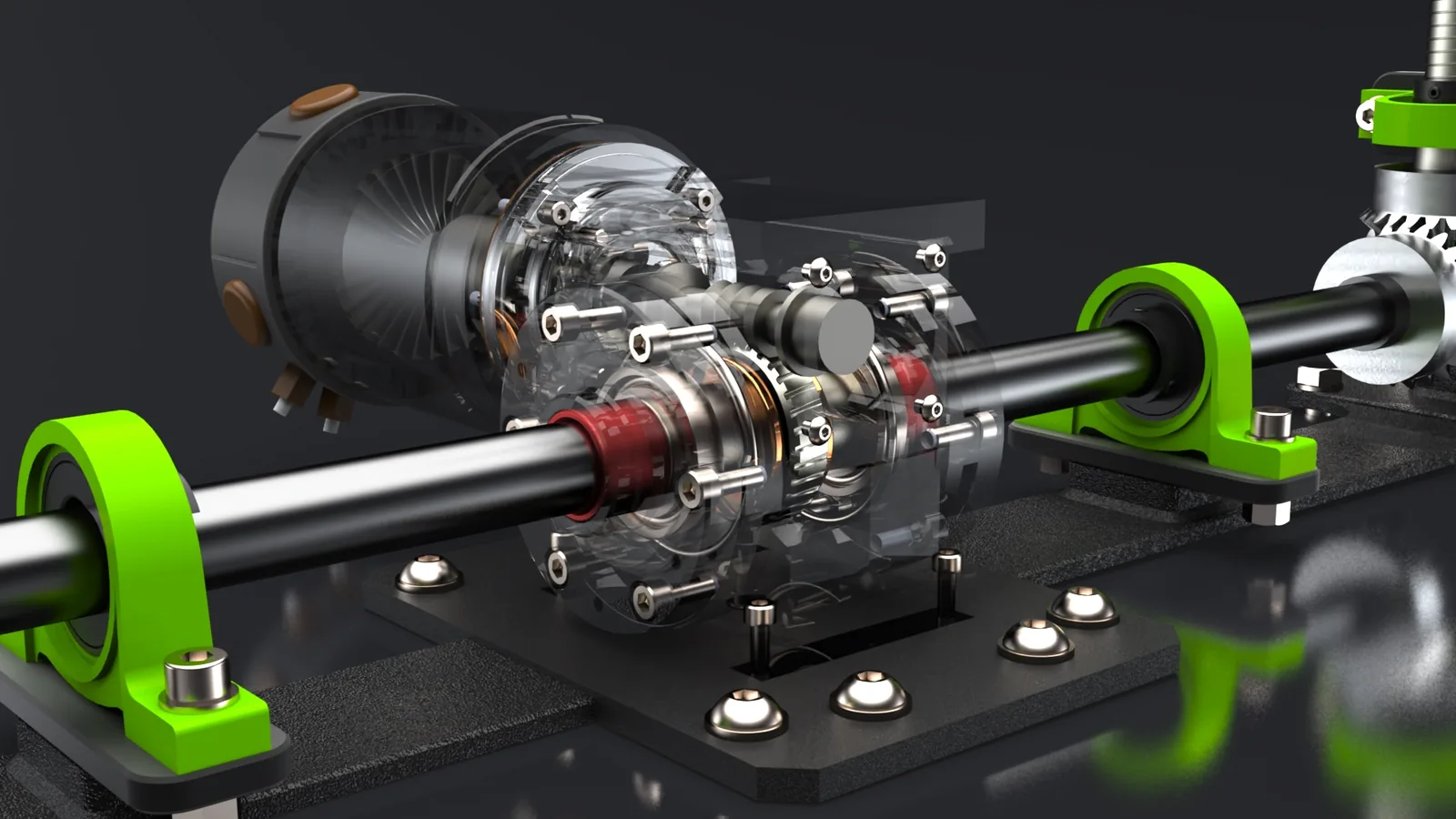 Photorealistic rendering of a transparent geared motor drive