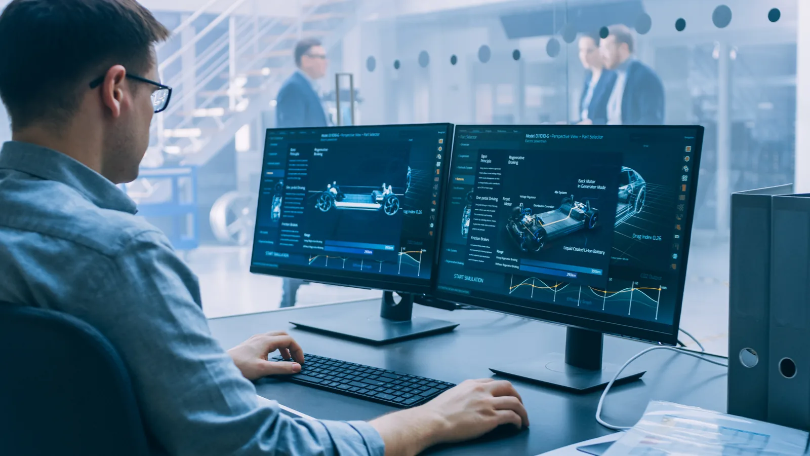 Vehicle engineering simulation displayed on two monitors
