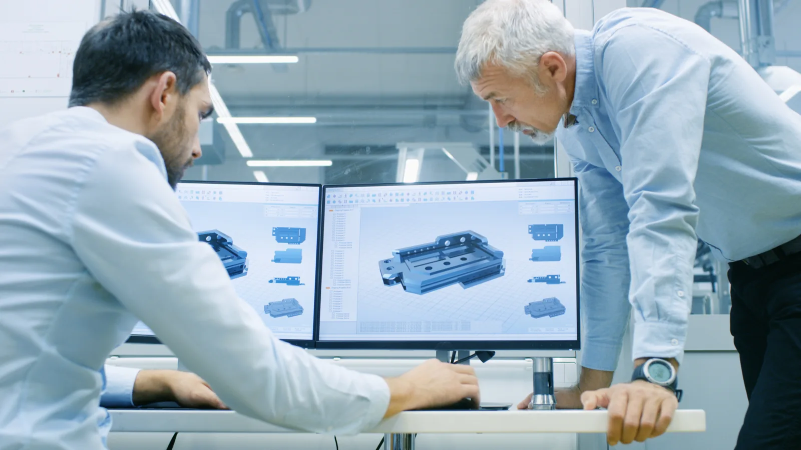 Engineers reviewing a precision mechanical model in CAD
